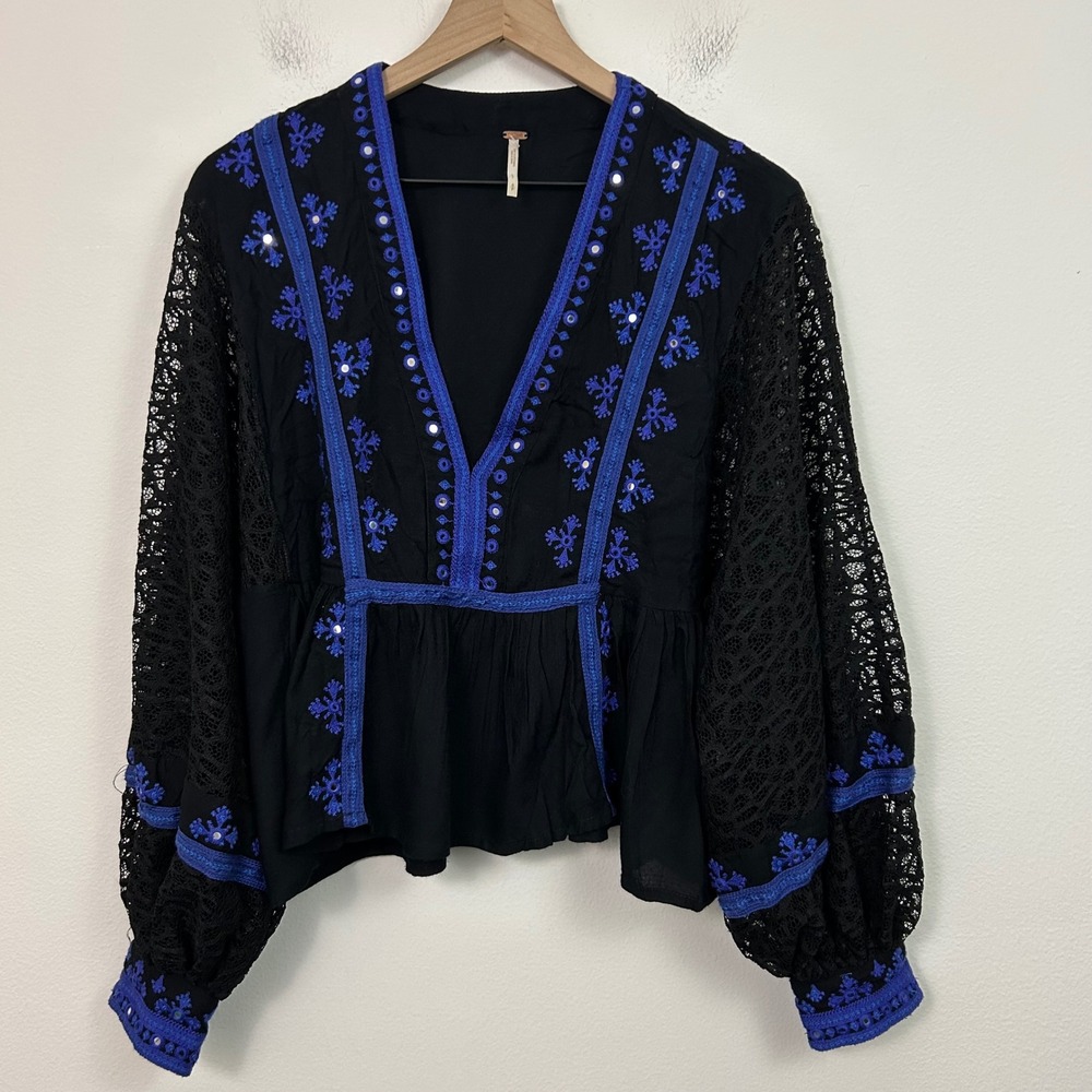 Free People Small Boogie All Night Blouse Black Blue Embroidery Mirrors‎ Lace